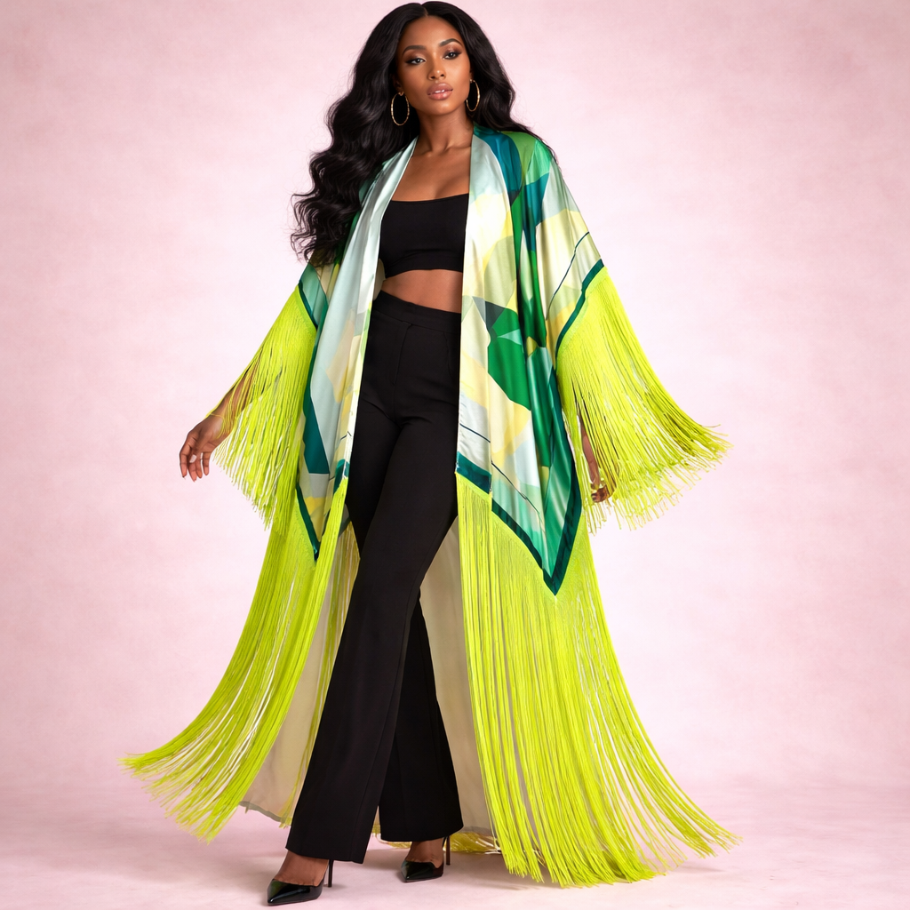 Tasseled Kimono Cover Up – Neon Tropical Oasis Beach Wrap | Robe