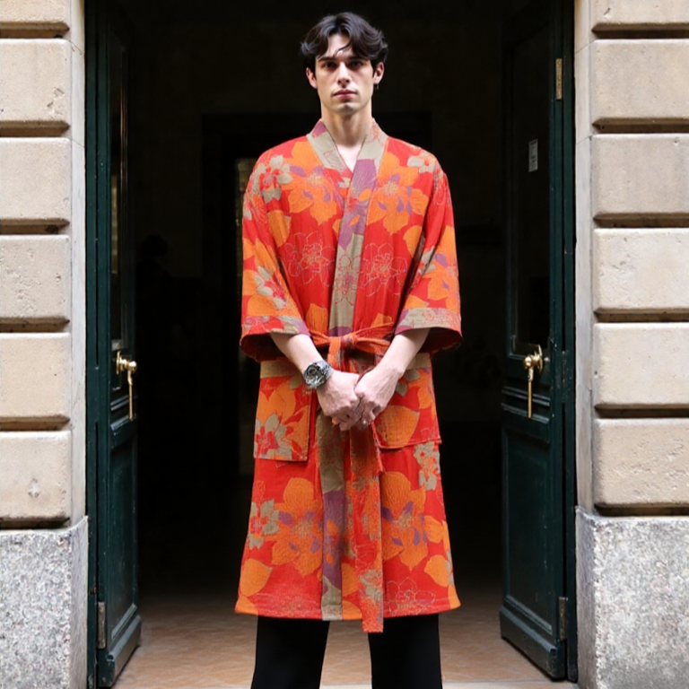 Person wearing a bright orange patterned coat standing in an open doorway. (Red)