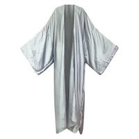A grey silk kimono with a solid pattern, displayed in an open style on a mannequin. (Silver)