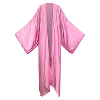 A long pink silk robe with three-quarter length sleeves, open front, and knee-length. (Pink)