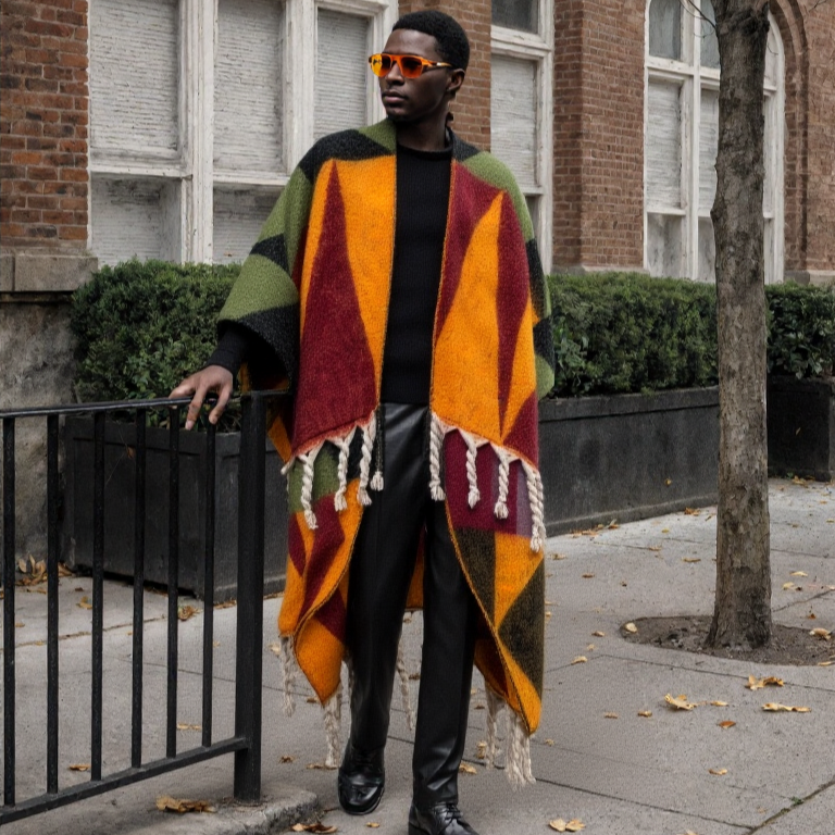 Person wearing a colorful poncho in an urban setting (Orange)