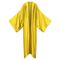 A yellow poly silk kimono with a solid pattern, displayed in an open style. (Gold)