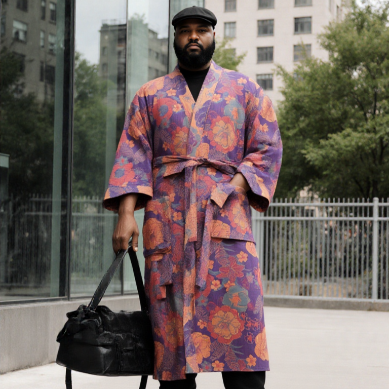 Man wearing a colorful robe holding a black bag in an urban setting (Purple)