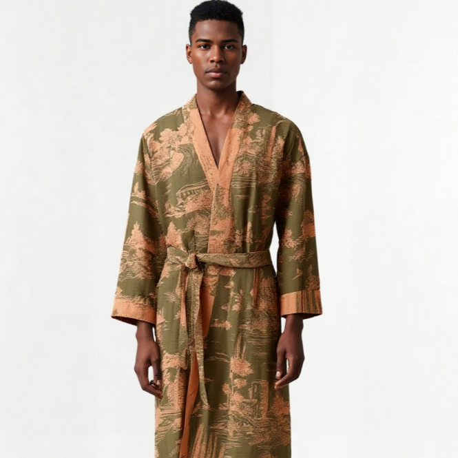 Man wearing a patterned robe on a white background (Green)