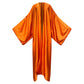 A long orange silk kimono with a wide, open sleeve design laid out flat on a white background. (Orange)