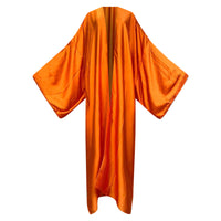 A long orange silk kimono with a wide, open sleeve design laid out flat on a white background. (Orange)