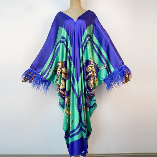 Ocean Emerald Feathered Kaftan Dress