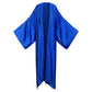 A blue silk kimono with a flowing sleeve design laid out flat. (Blue)