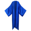 A blue silk kimono with a flowing sleeve design laid out flat. (Blue)