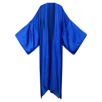 A blue silk kimono with a flowing sleeve design laid out flat. (Blue)