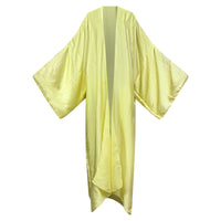A yellow silk kimono with a flowing design, displayed on a plain background. (Yellow)