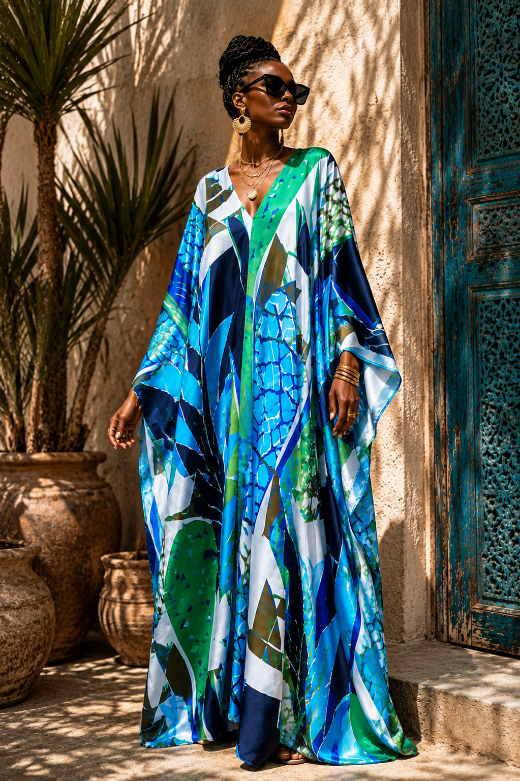A woman wearing a vibrant, multicolored abstract print kaftan dress with blue, green, and white patterns, standing in front of a rustic beige wall and a teal wooden door.