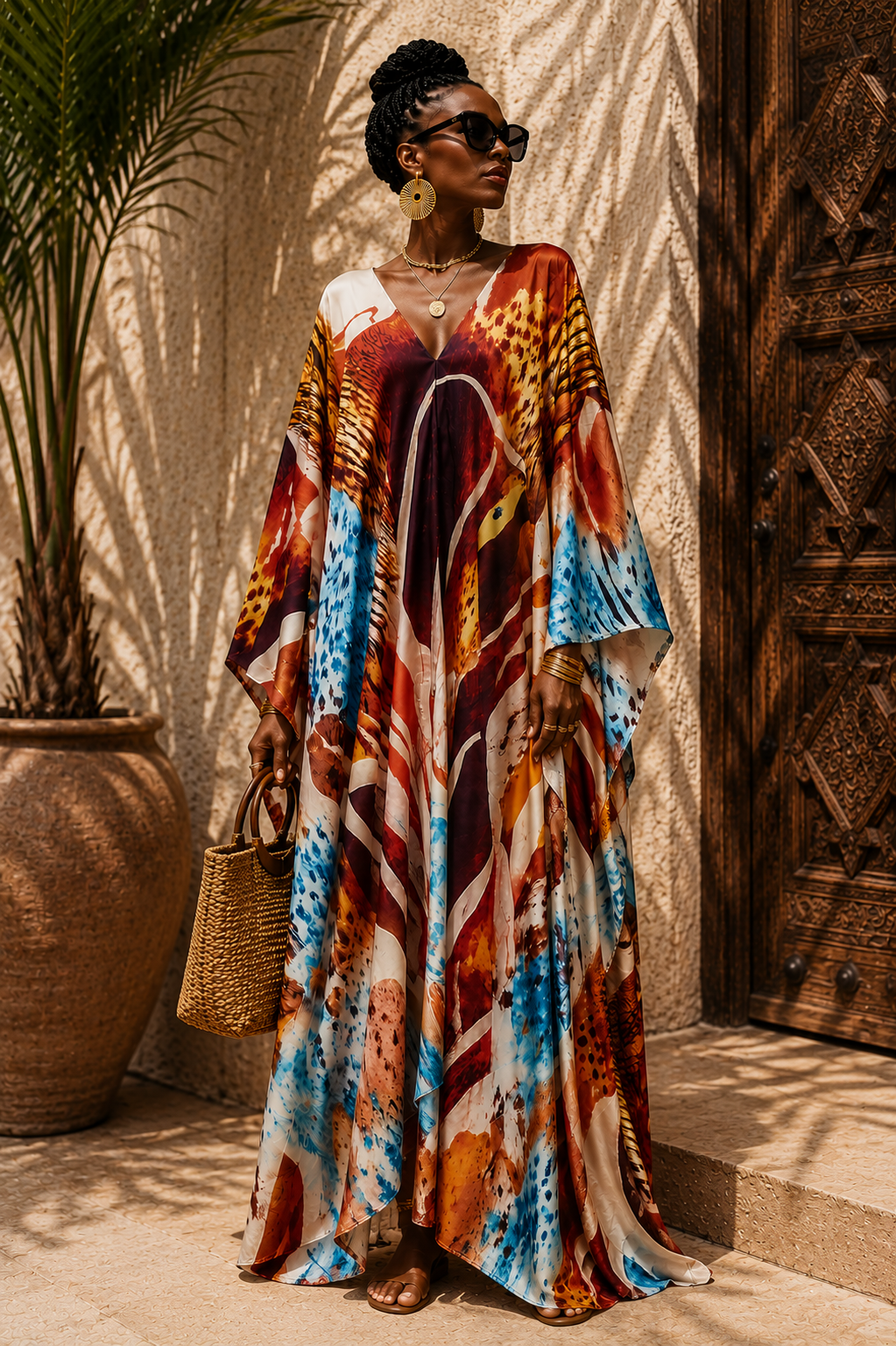 A woman wearing a long, flowing kaftan dress with a vibrant multicolor abstract print in blue, orange, brown, and cream, standing in front of a sunlit textured wall next to a large potted plant.