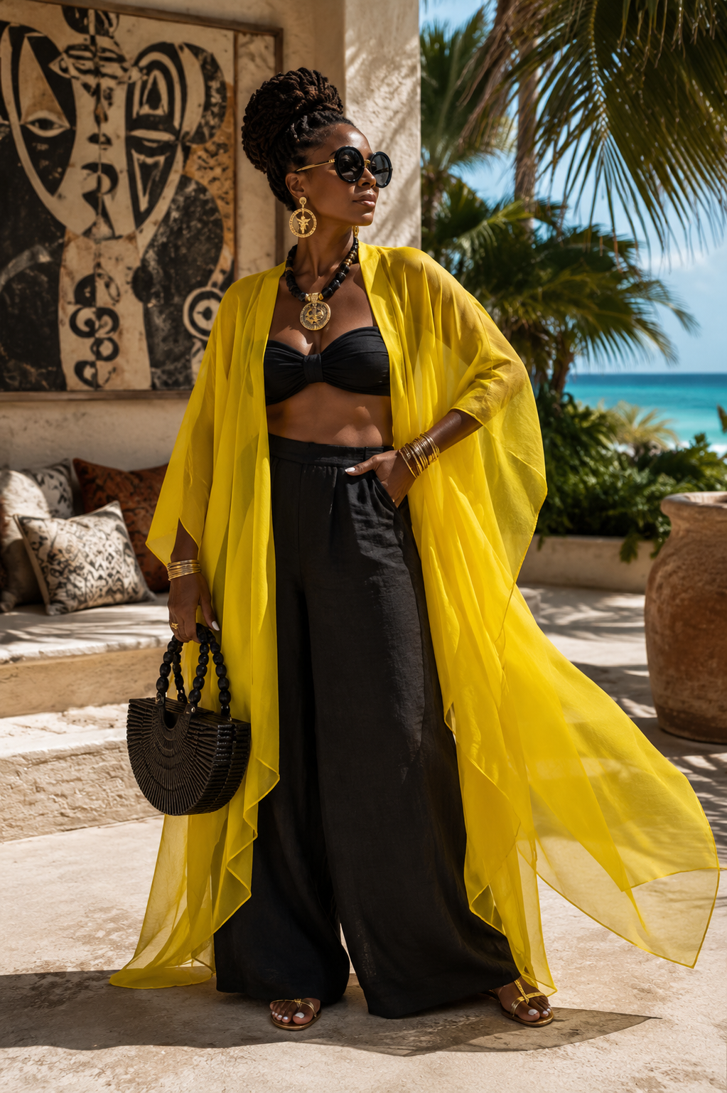 Woman in black outfit with yellow cover-up standing on a sunlit patio.(Yellow)