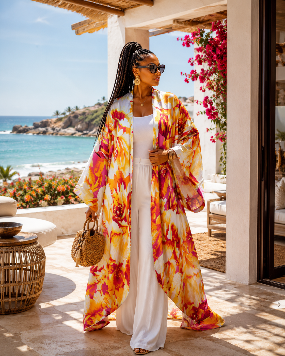 pink and yellow floral long silk kimono 