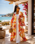 pink and yellow floral long silk kimono 