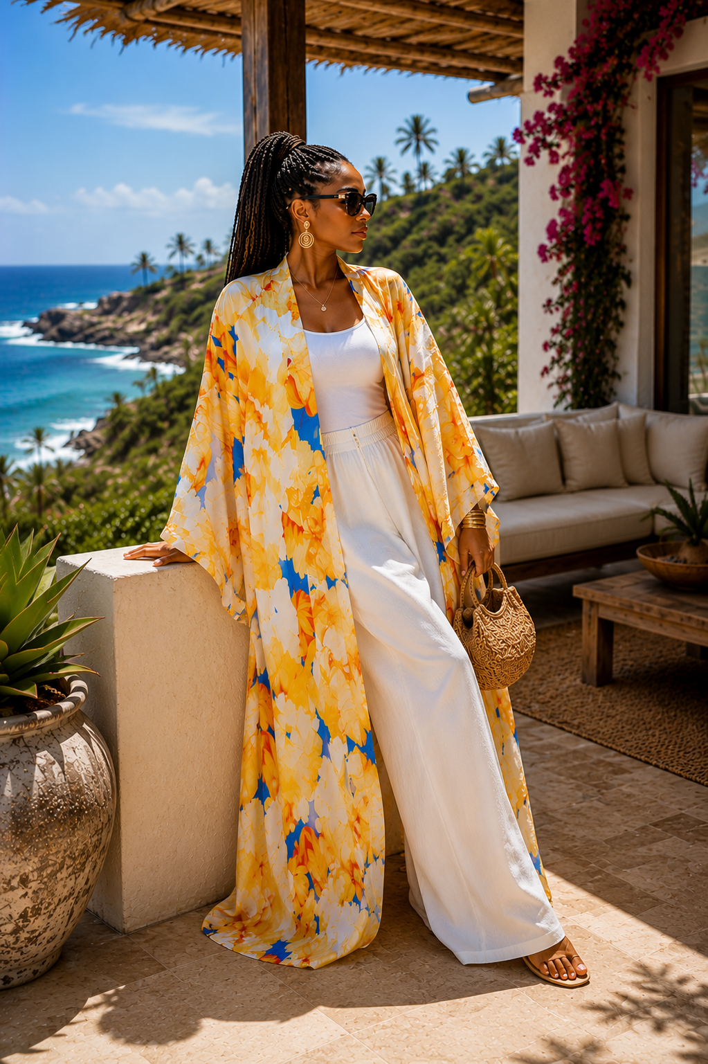 Woman in a yellow floral kimono standing on a balcony with ocean view