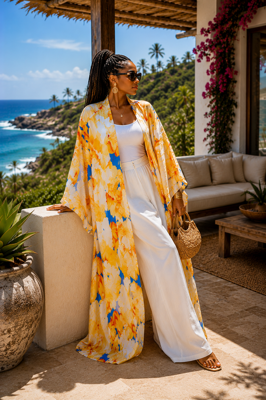 Woman in a yellow floral kimono standing on a balcony with ocean view