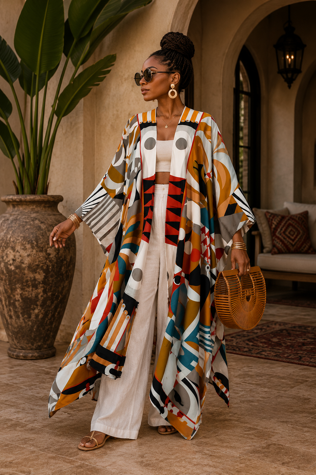 A woman stands in a warm-toned architectural setting wearing a long, open-front kaftan-style cardigan with bold abstract geometric patterns in orange, teal, black, white, and brown. She is also wearing white wide-leg pants, sunglasses, and carrying a woven straw bag.