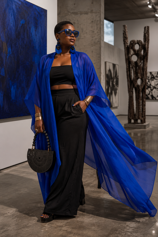 Woman in a blue outfit standing in an art gallery with abstract paintings and sculptures. (Blue)