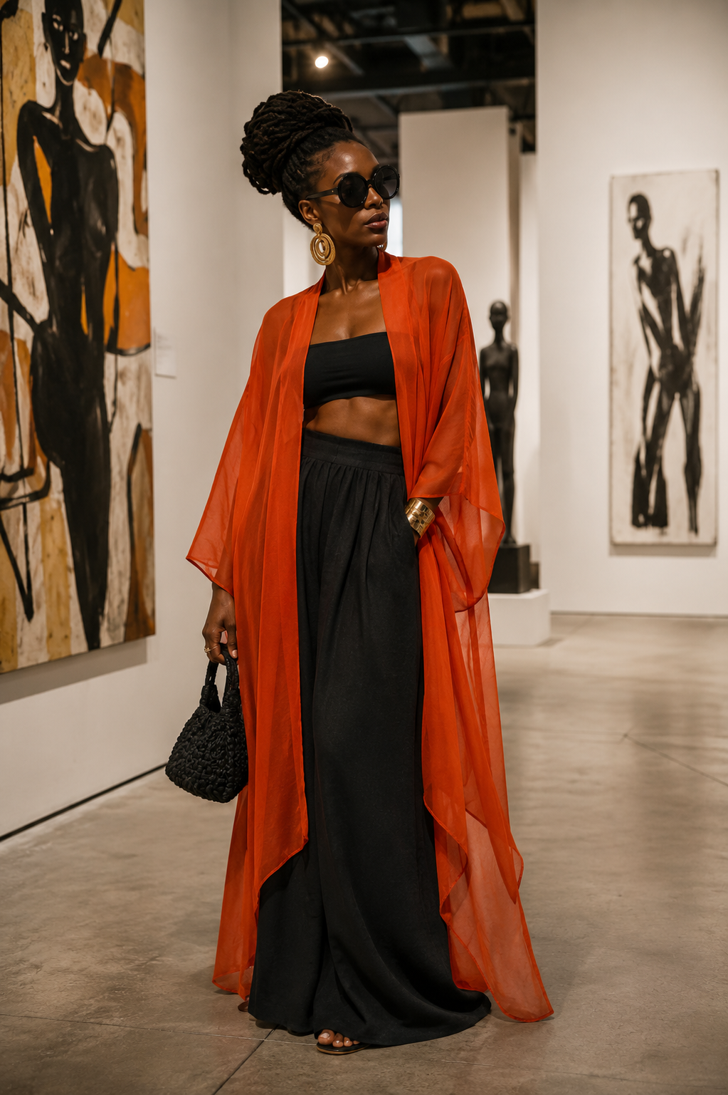 Woman in an orange cardigan and black dress standing in an art gallery. (Orange)