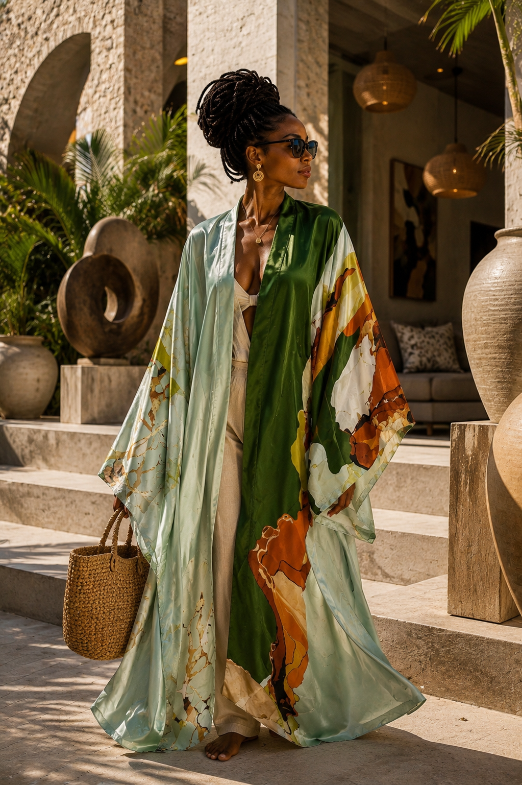 Woman in a colorful dress standing in an outdoor setting with plants and architectural elements. (Green)