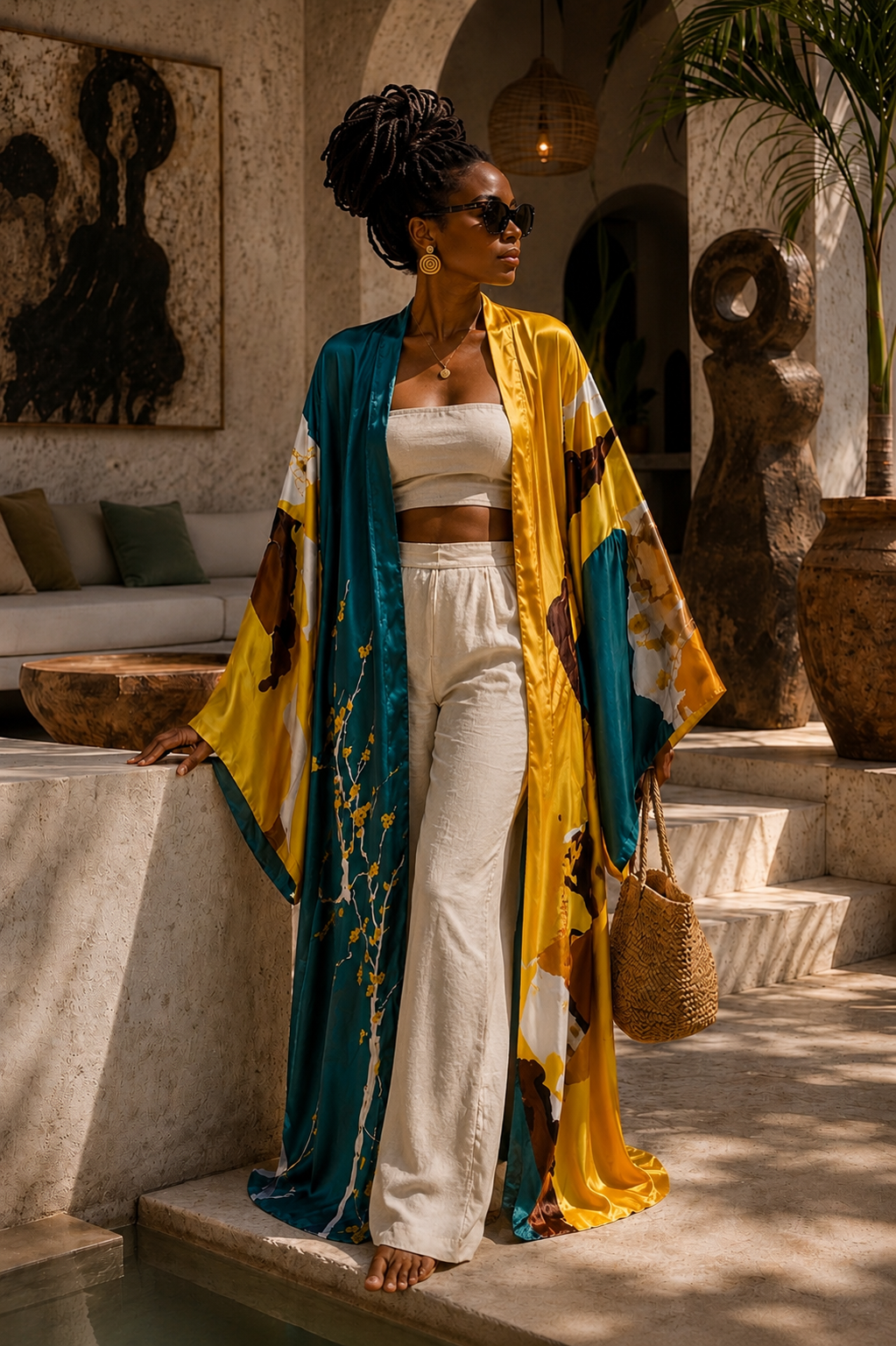 Woman in a yellow and blue kimono standing on stone steps in an outdoor setting. (Teal)