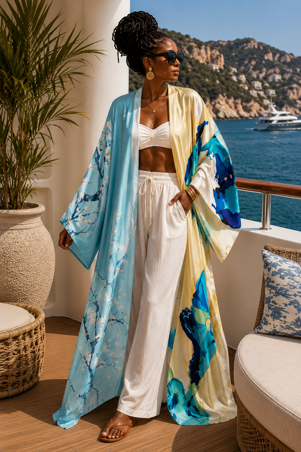 Woman in a colorful kimono standing on a balcony with a scenic view of water and mountains. (Blue)