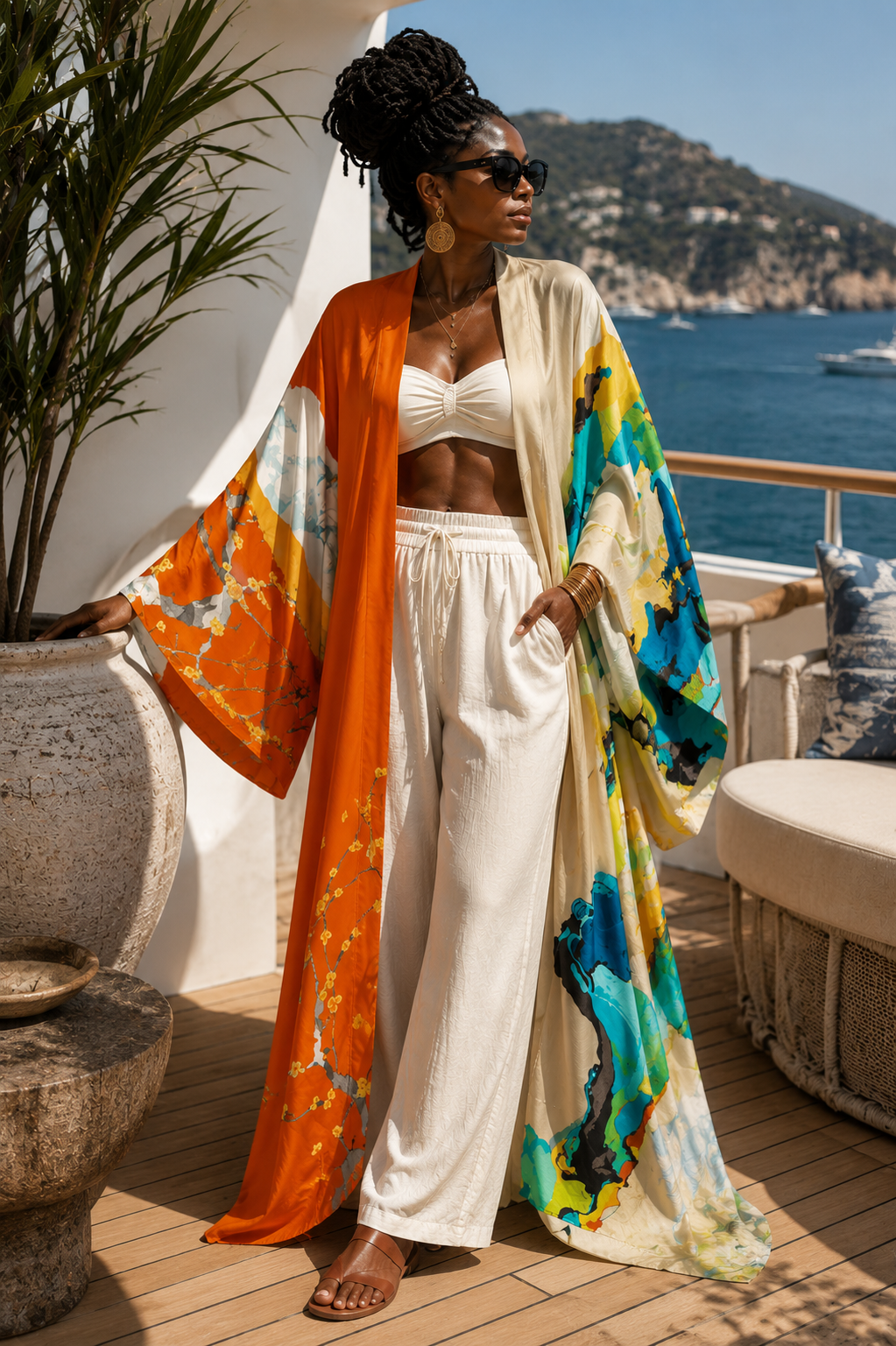 Woman standing on a balcony with a scenic ocean view, wearing a colorful kimono-style garment. (Orange)
