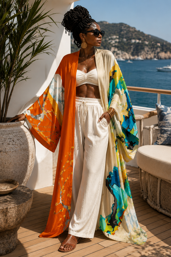 Woman standing on a balcony with a scenic ocean view, wearing a colorful kimono-style garment. (Orange)