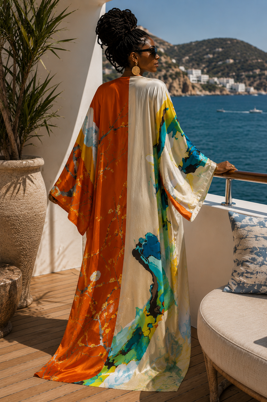 Woman in a colorful dress standing on a balcony with ocean view (Orange)
