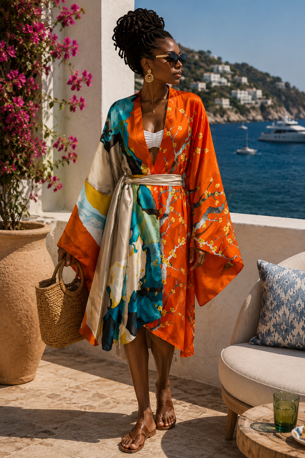 Woman in colorful kimono standing by a scenic coastal area with flowers and a boat. (Orange)