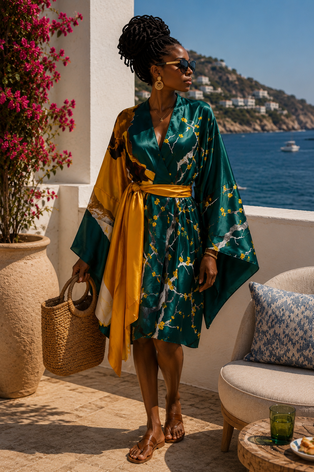 Woman in a green and yellow dress standing on a balcony with ocean (Teal)