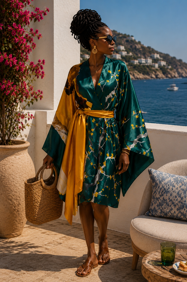 Woman in a green and yellow dress standing on a balcony with ocean (Teal)