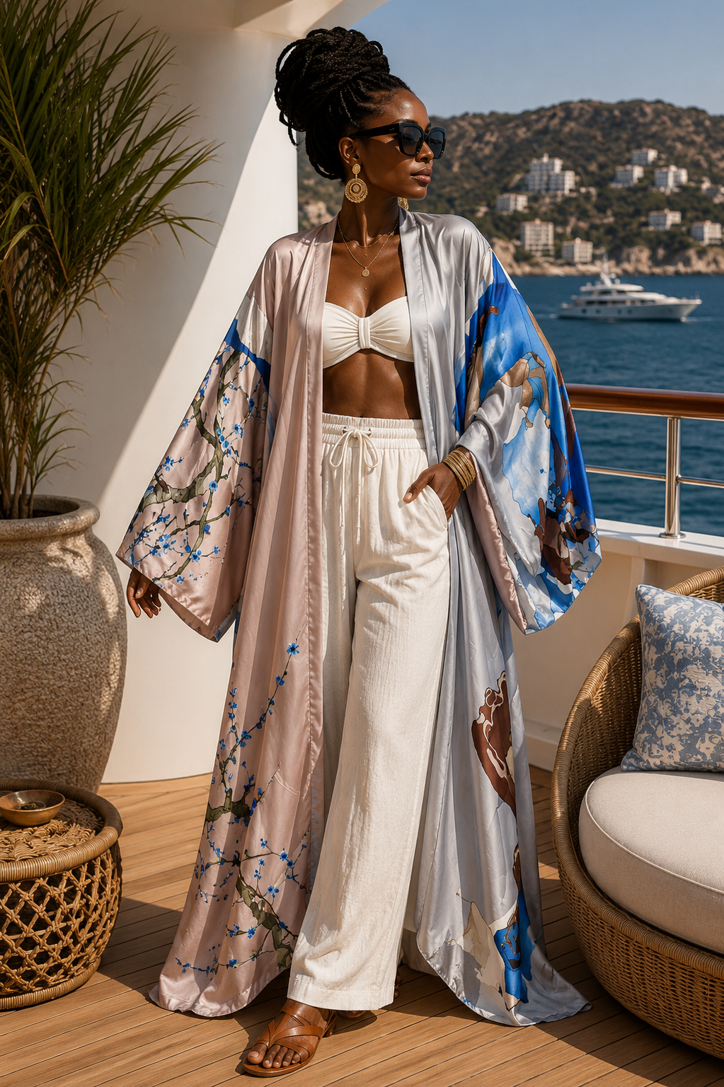 Woman in a stylish outfit on a balcony with ocean view (Pink)