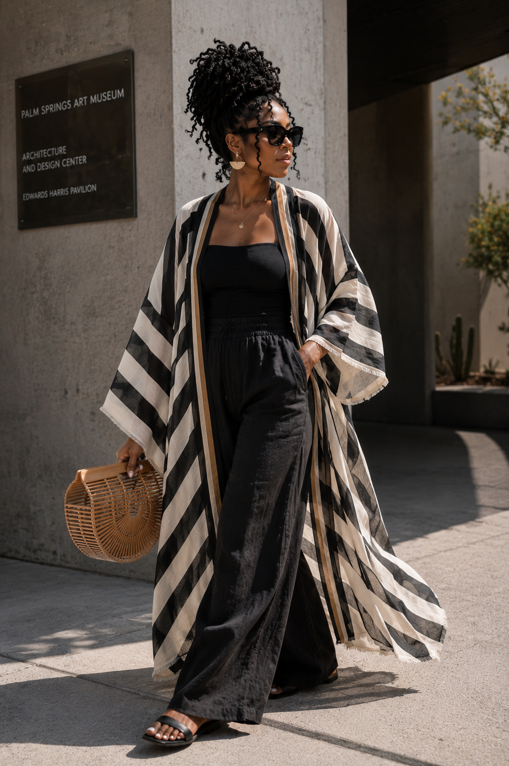 Woman wearing a black and white striped kimono over a black outfit, standing outdoors. (Black)
