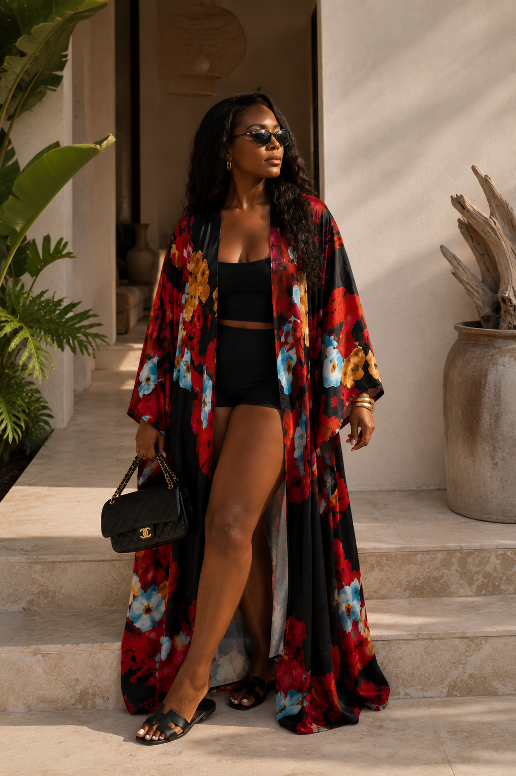 Woman wearing a colorful floral kimono over a black outfit, standing on steps with plants and a pot in the background.