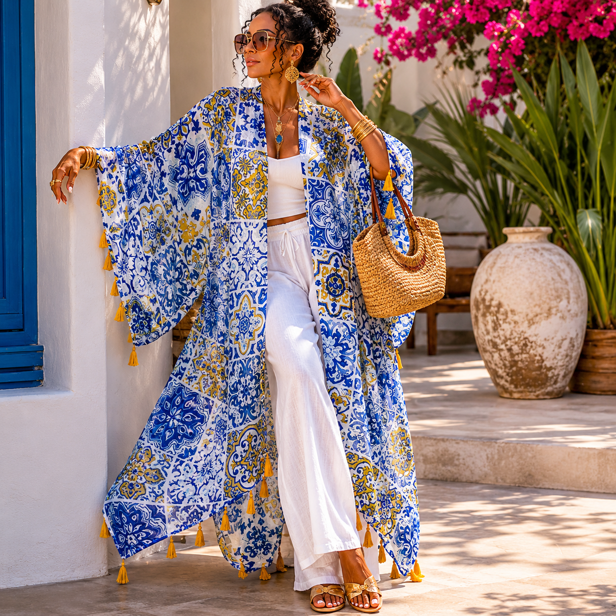 blue patterned linen kimono standing outdoors with plants and a blue door in the background