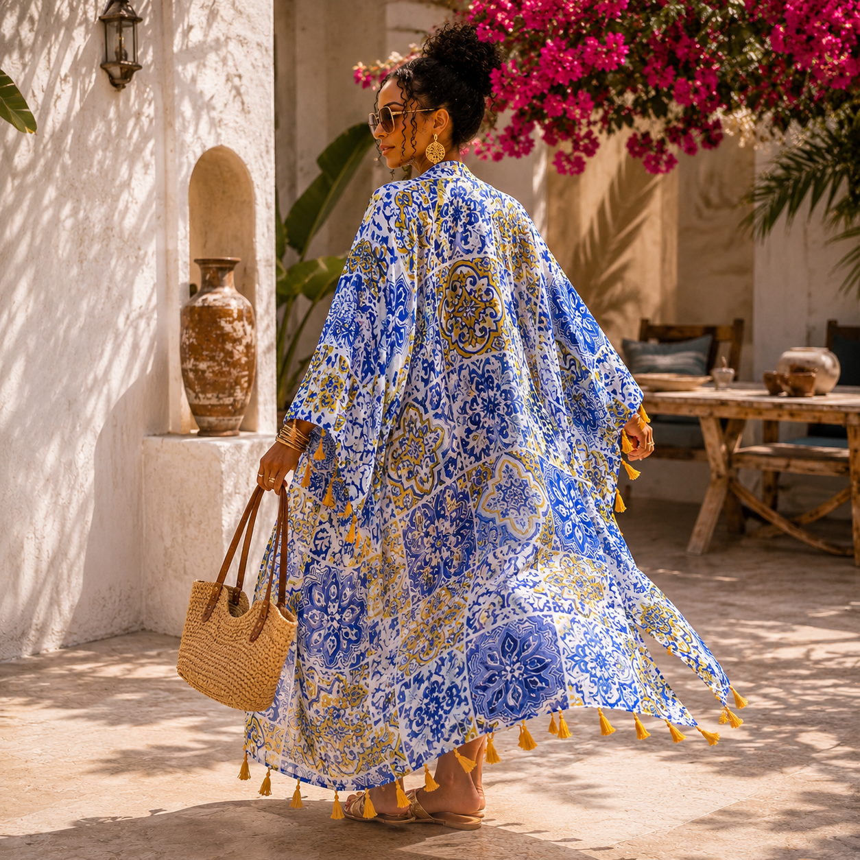 blue and yellow patterned linen kimono 