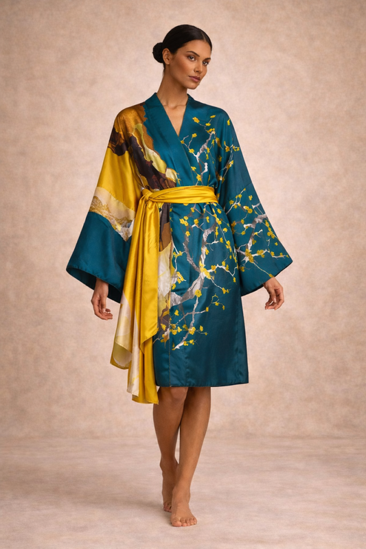 Woman wearing a teal and yellow patterned robe against a beige background