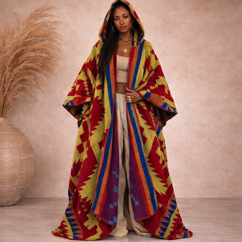 Woman wearing a colorful patterned robe against a neutral background (Red)