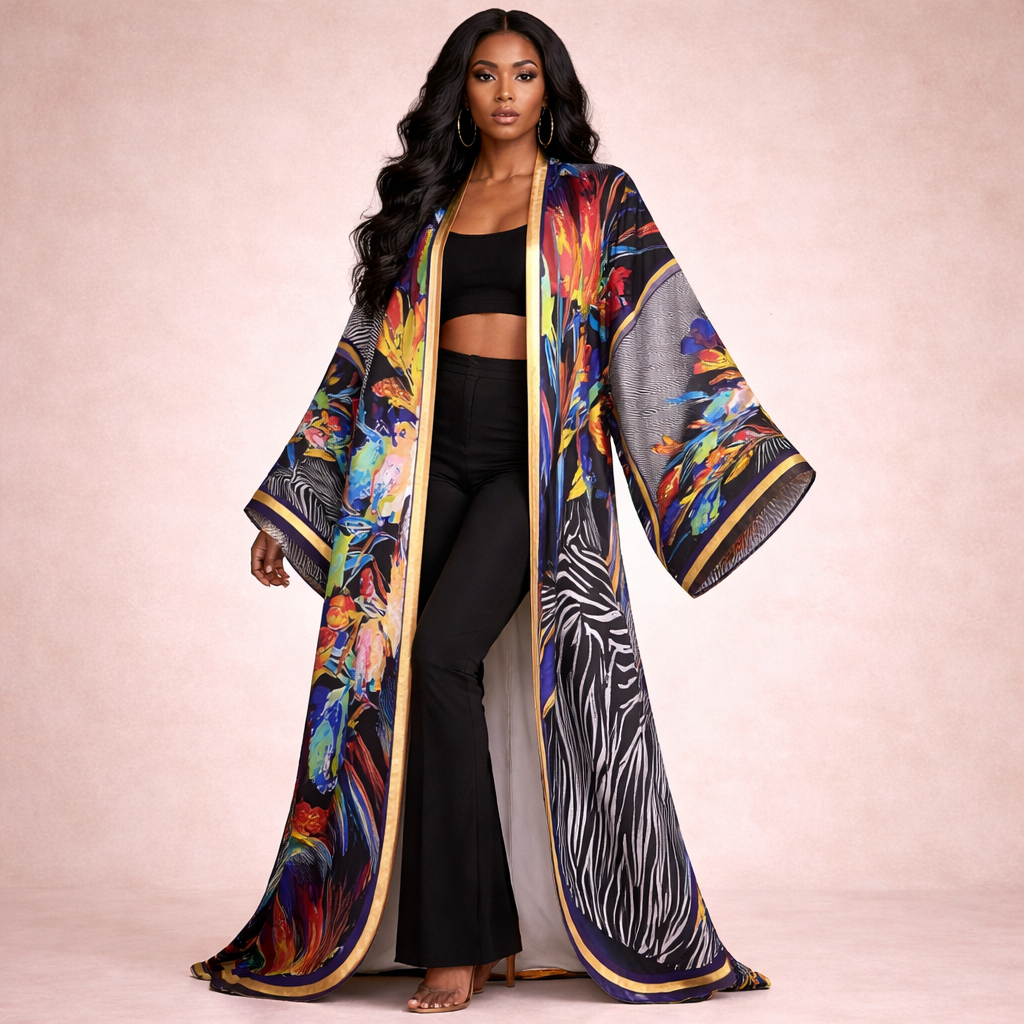 Woman wearing a colorful patterned coat on a beige background