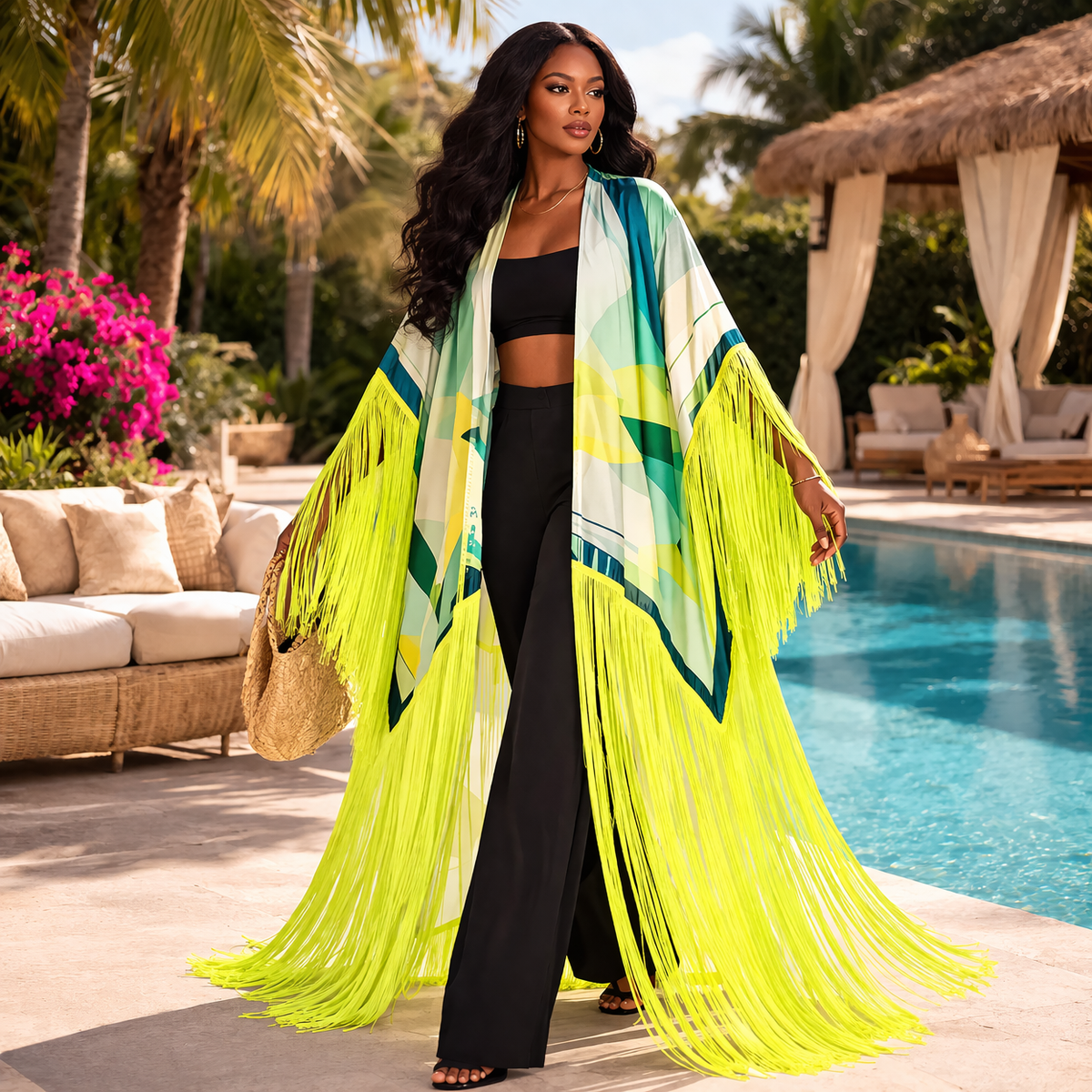 Neon Tropical Oasis Tasseled Kimono Beach Wrap | Robe Kimono Neon Tropical Oasis Tasseled Kimono Beach Wrap | Robe Kimono