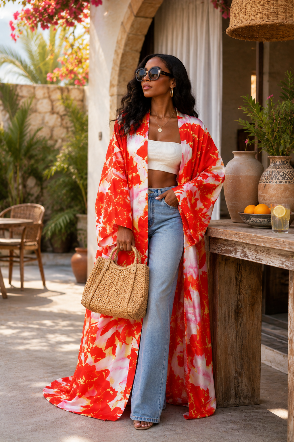 Woman wearing a red and white floral kimono with blue jeans, standing outdoors.