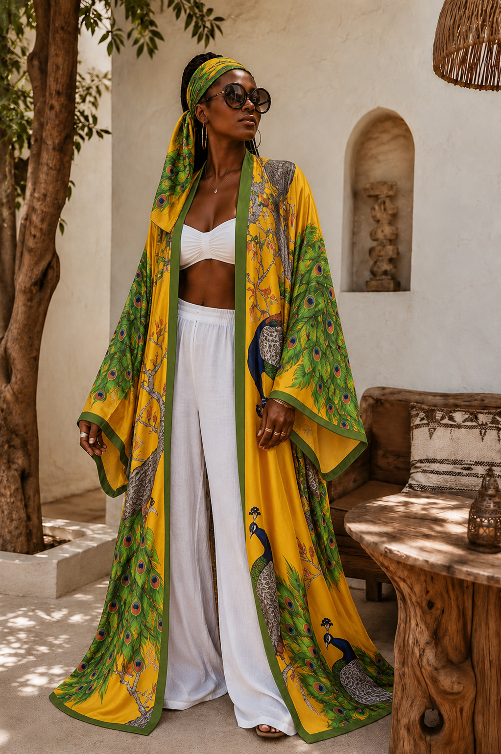 A woman stands outdoors wearing a bright yellow and green printed kimono-style cover-up with peacock motifs, layered over a white crop top and white wide-leg pants. She is also wearing a matching yellow headscarf and dark sunglasses, posed in front of a white stucco wall with a tree and rustic wooden furniture. (Yellow)