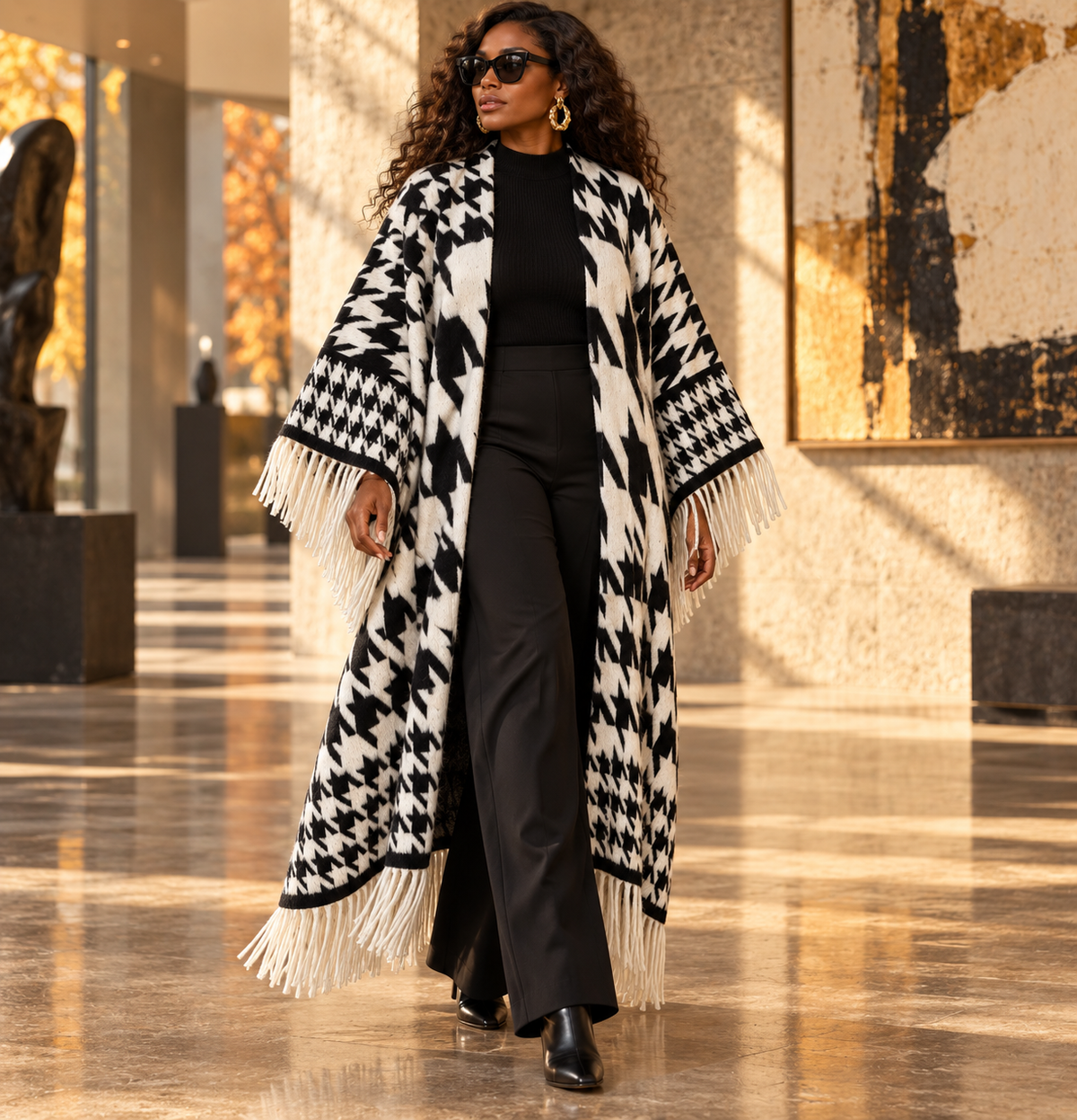 Checkmate Fringe Wool Cardigan Kimono