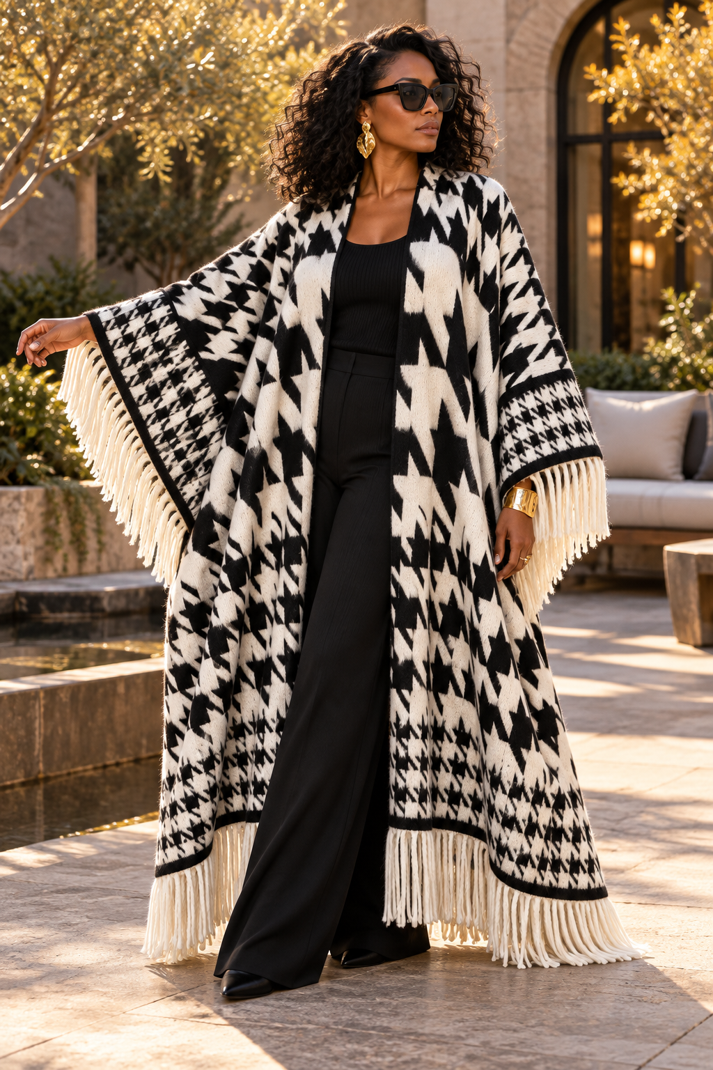 Checkmate Fringe Wool Cardigan Kimono