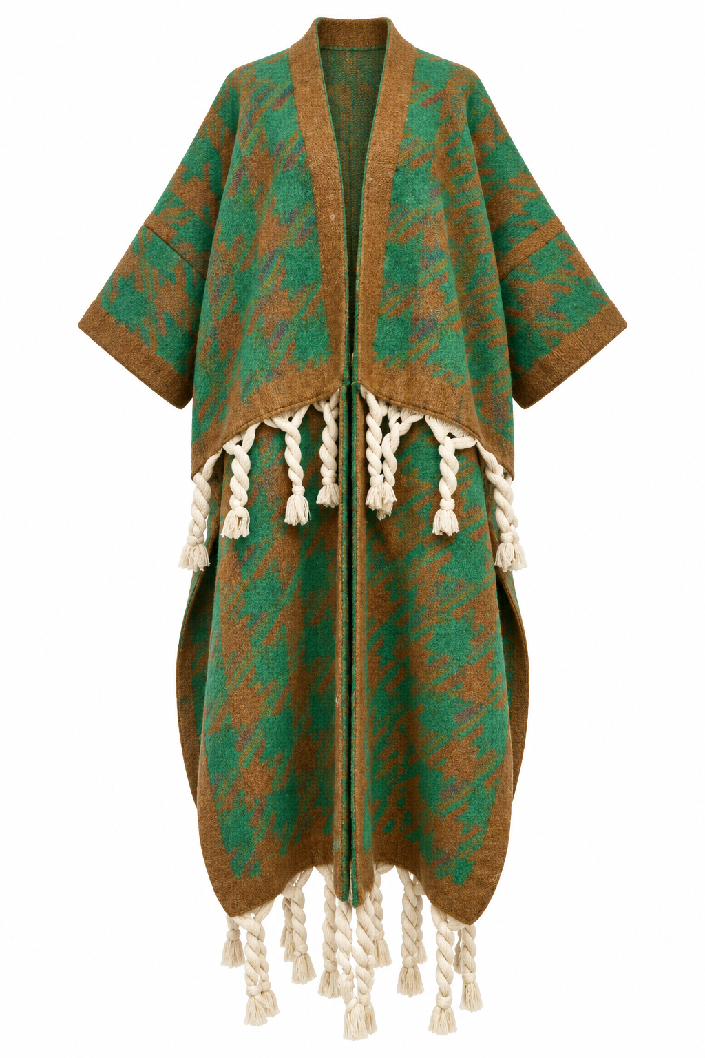 A green and brown patterned open-front poncho with cream braided fringe tassels, displayed on a clean white background. (Green)