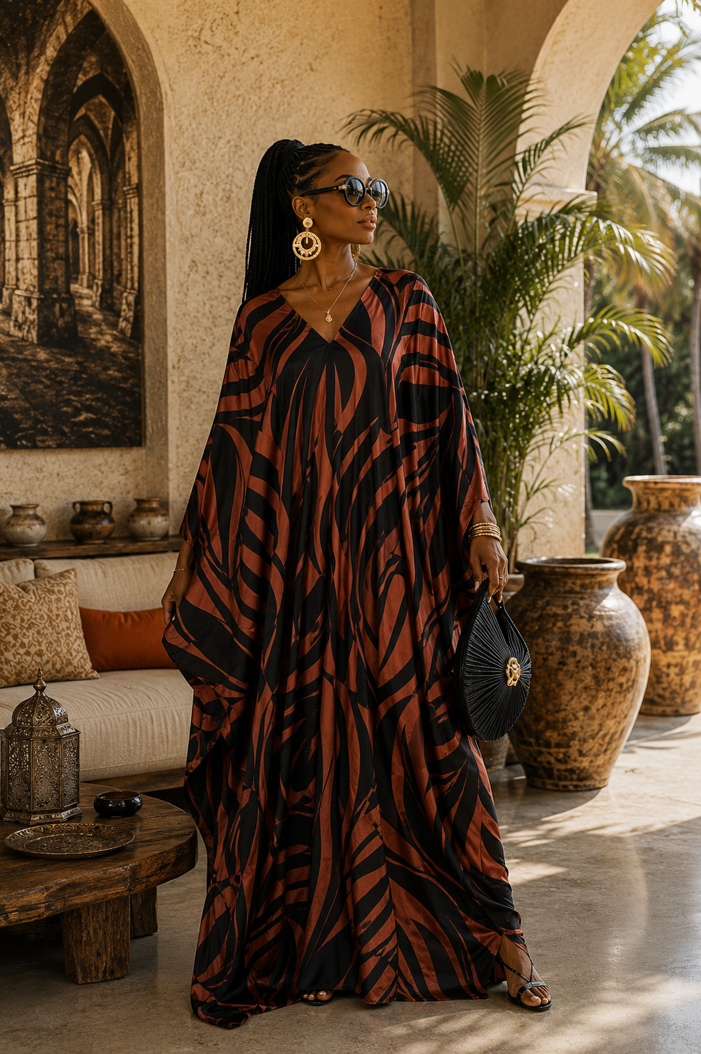 Mocha Rhythm Silk Kaftan Dress