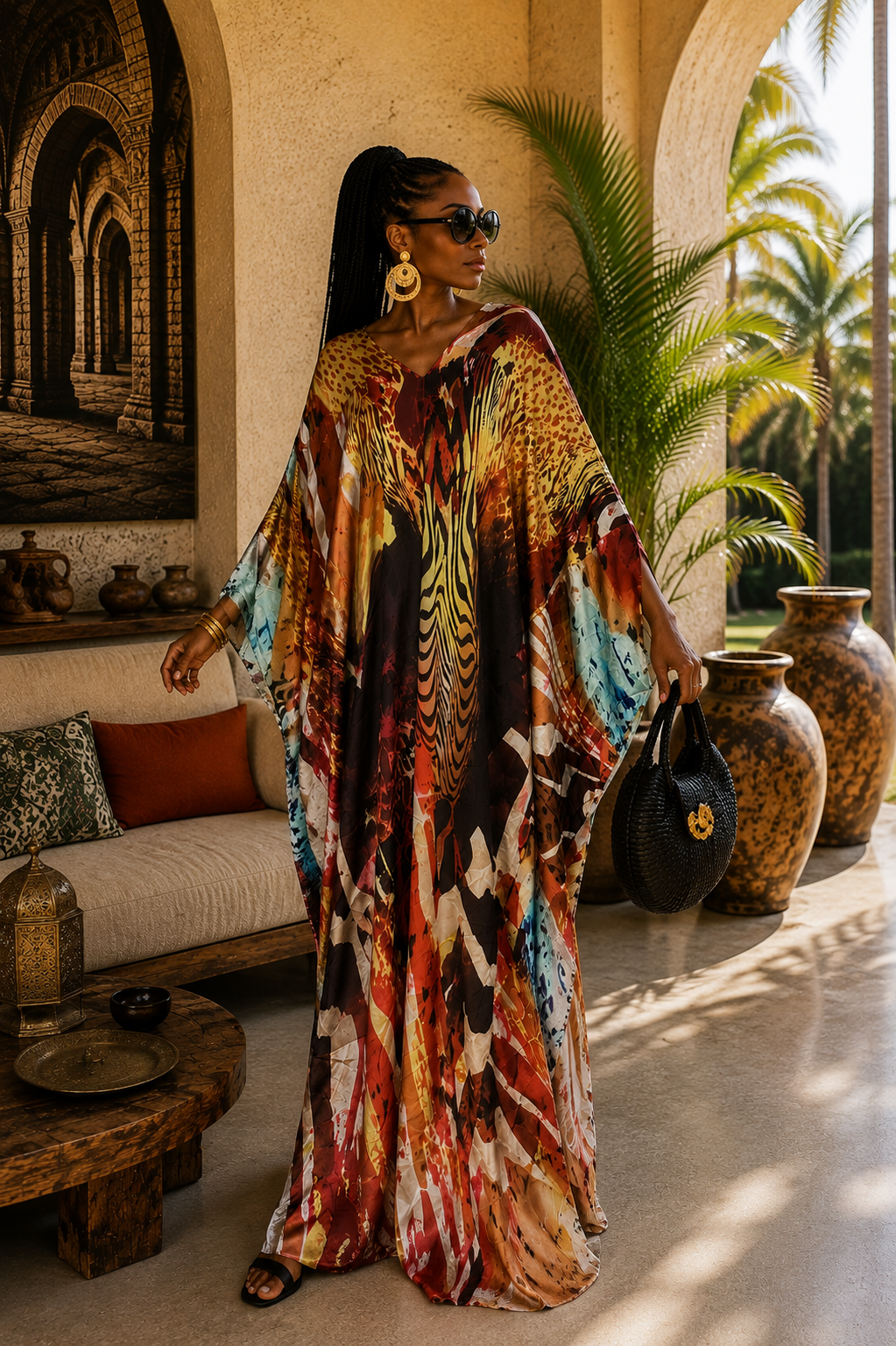 A woman wearing a long, flowing kaftan dress with a vibrant multicolor abstract print stands on a sunlit outdoor patio. The dress features a mix of orange, red, yellow, blue, and brown tones in an artistic, painterly pattern.